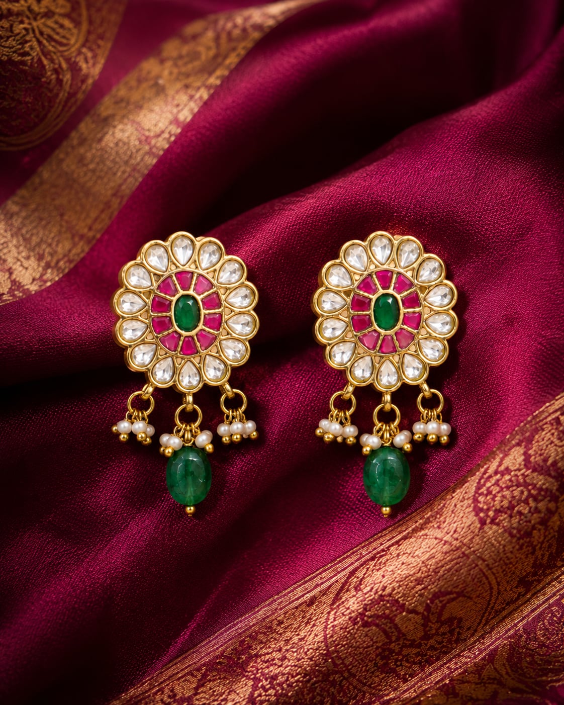 FeelOri real kempu jadau stud earrings styled with saree fabric for Indian occasion wear