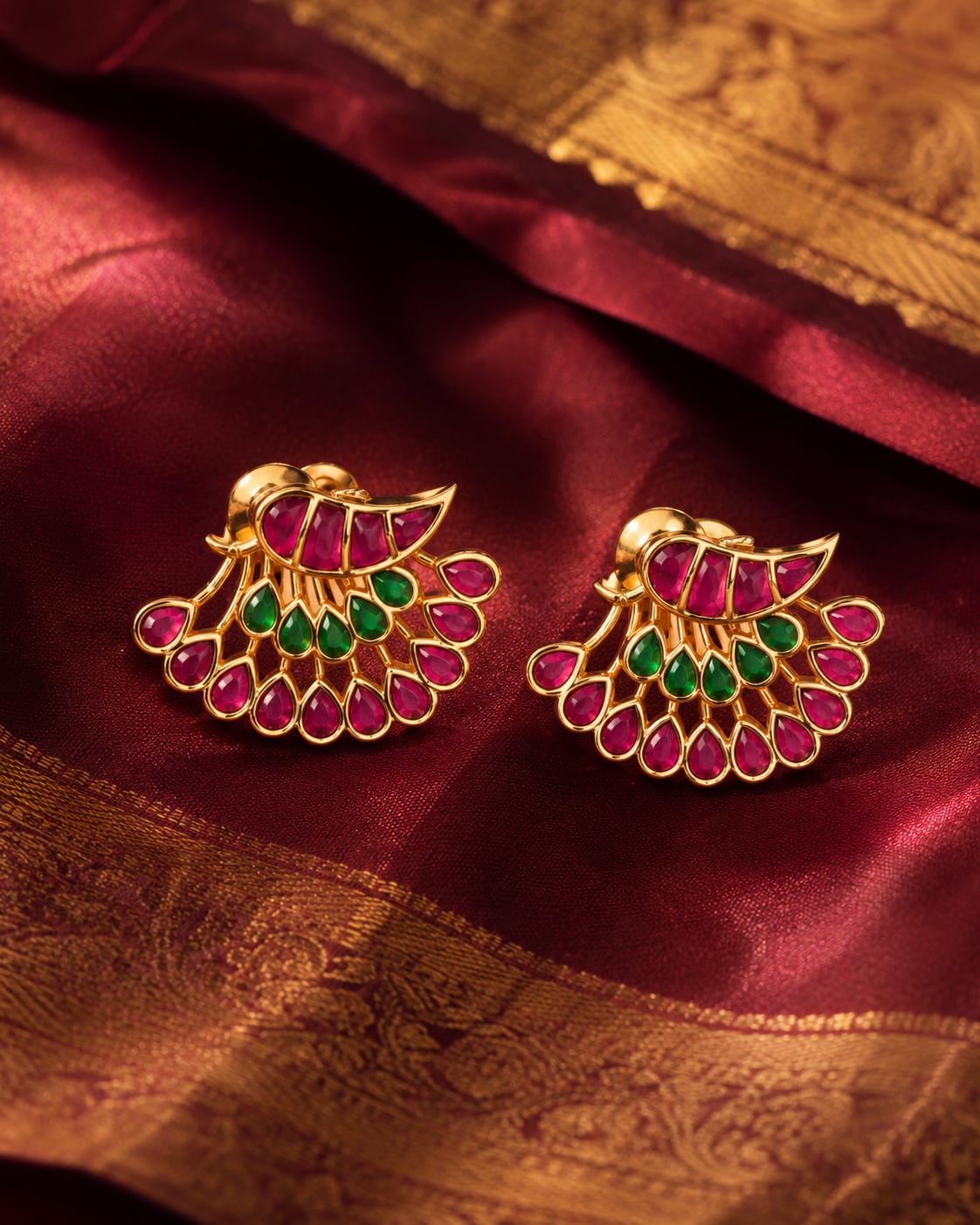 FeelOri real kempu jadau stud earrings styled with saree fabric for Indian occasion wear