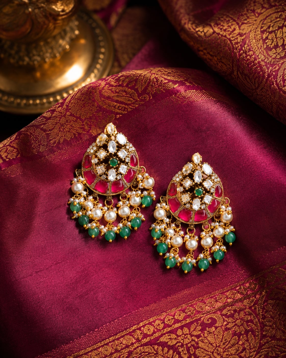 FeelOri real kempu jadau stud earrings styled with saree fabric for Indian occasion wear
