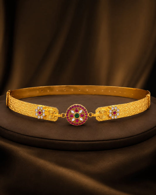 FeelOri Jadau Kundan Round Motif Vaddanam Waist Belt for Saree Styling on jewellery display