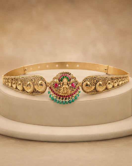 FeelOri Jadau Kundan Antique Polish Vaddanam Waist Belt for Saree Styling on jewellery display