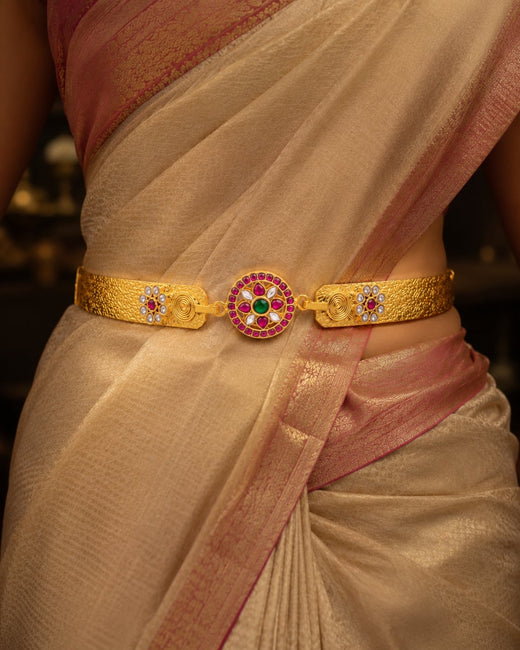 FeelOri Jadau Kundan Round Motif Vaddanam Waist Belt for Saree Styling styled with Indian occasion wear