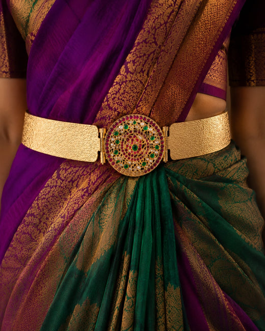 FeelOri Jadau Kundan 2 in 1 Vaddanam Waist Belt for Saree Styling styled with Indian occasion wear