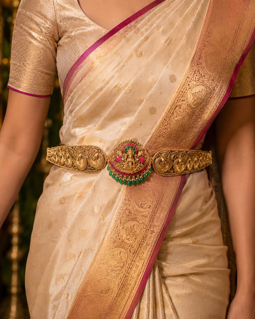 FeelOri Jadau Kundan Antique Polish Vaddanam Waist Belt for Saree Styling styled with Indian occasion wear
