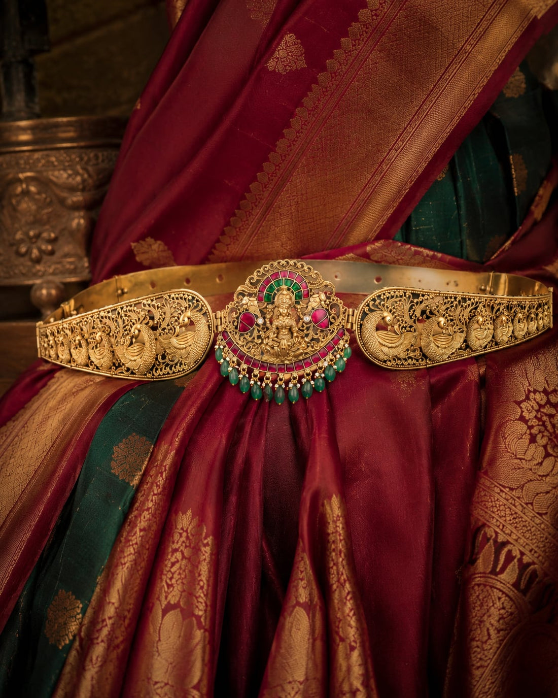 FeelOri real kempu jadau vadanam styled with saree fabric for Indian occasion wear