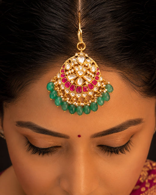FeelOri round fan green bead jadau kundan maang tikka listed as maang tikka only on jewellery display