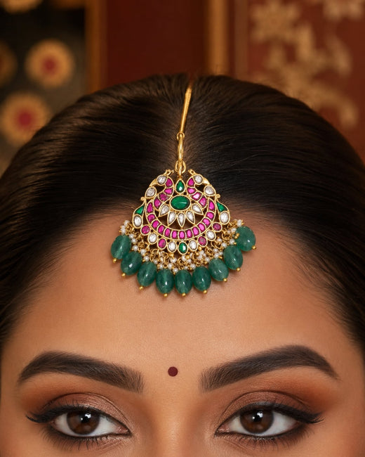 FeelOri round fan green drop jadau kundan maang tikka listed as maang tikka only on jewellery display