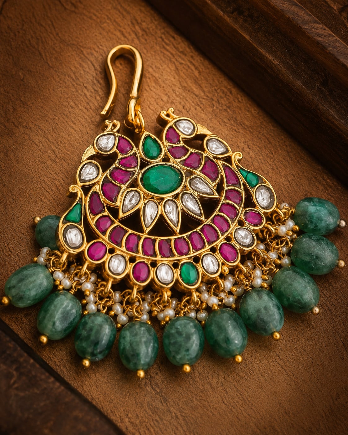 FeelOri round fan green drop jadau kundan maang tikka listed as maang tikka only styled with saree fabric