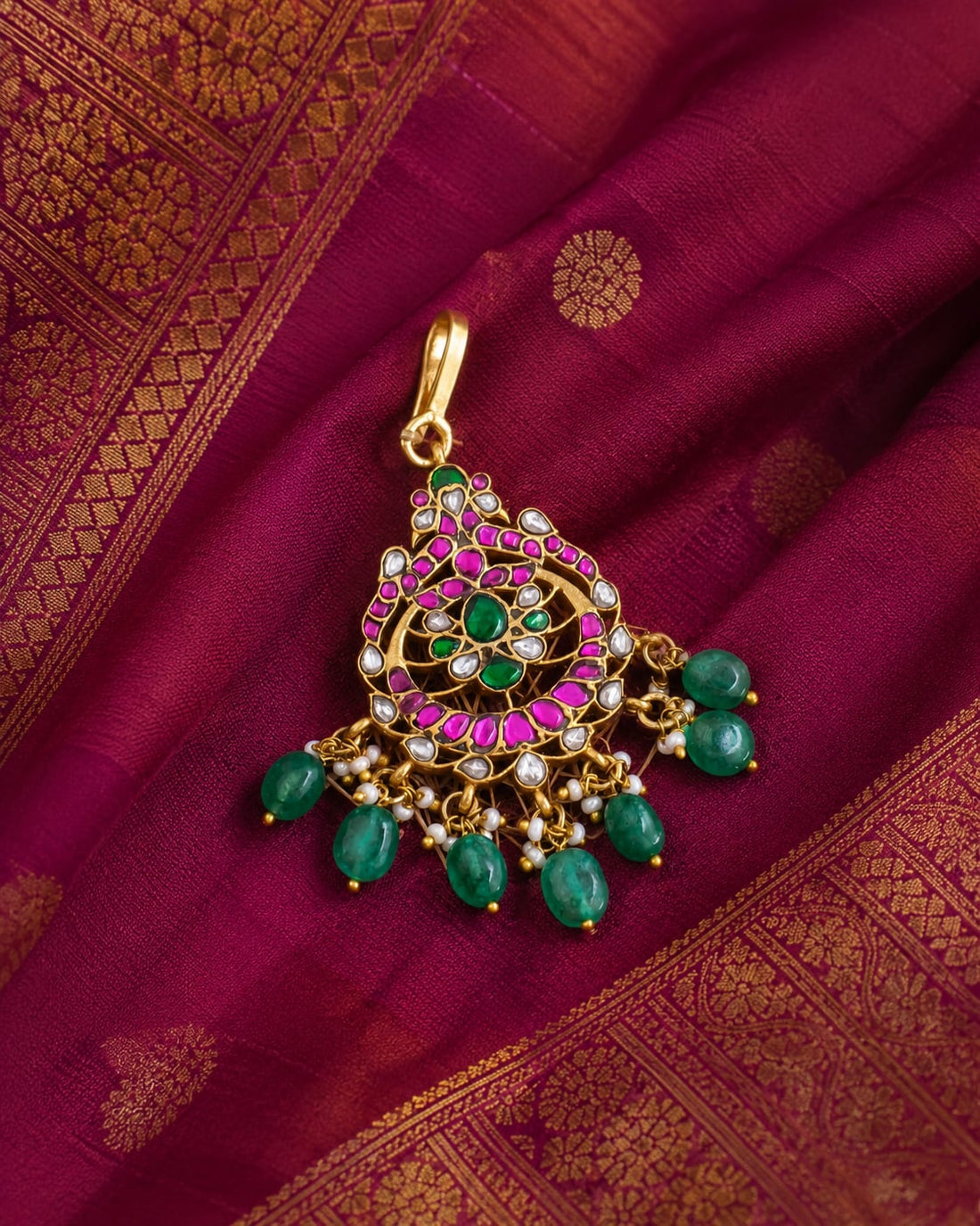 FeelOri round floral green drop jadau kundan maang tikka listed as maang tikka only close-up of kundan stones and jadau work