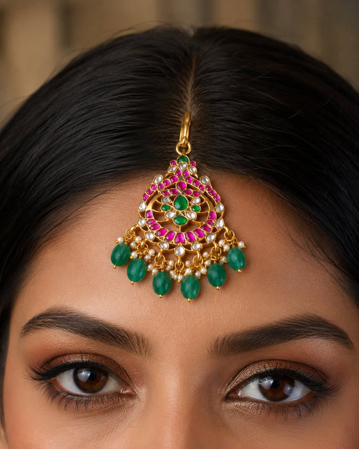 FeelOri round floral green drop jadau kundan maang tikka listed as maang tikka only on jewellery display