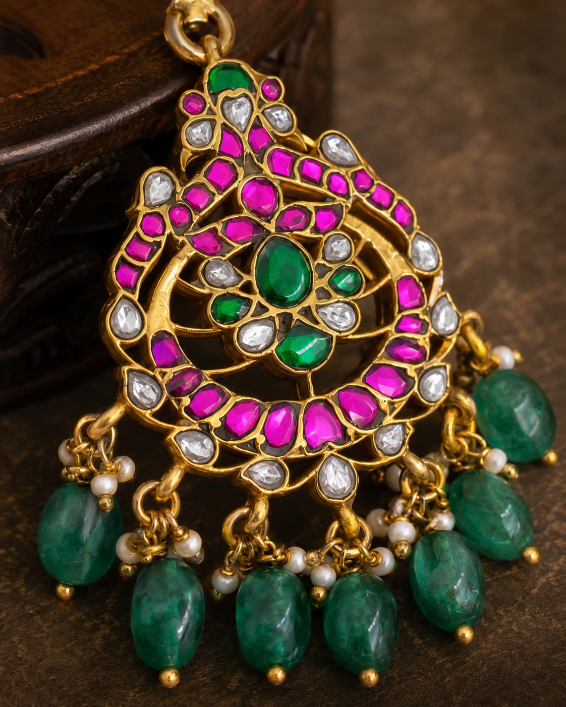 FeelOri round floral green drop jadau kundan maang tikka listed as maang tikka only styled with saree fabric