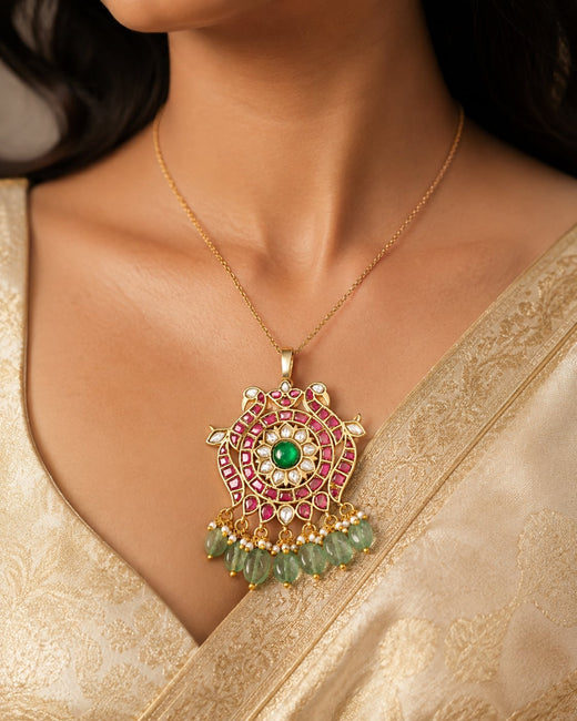 FeelOri round floral jadau kundan pendant only on jewellery display