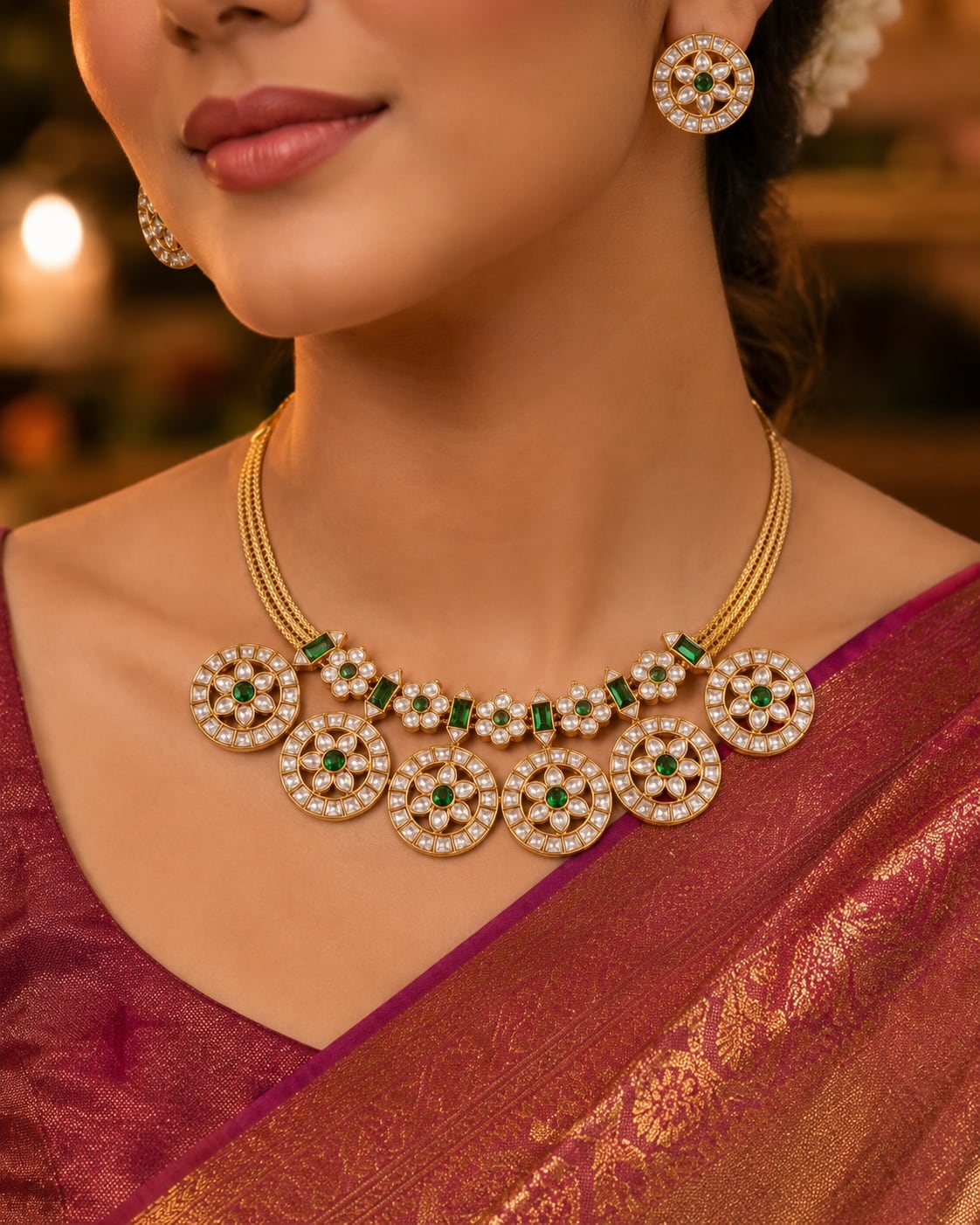 FeelOri round motif jadau kundan necklace set with matching earrings on jewellery display