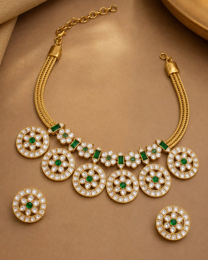 FeelOri round motif jadau kundan necklace set with matching earrings for Indian festive necklace styling
