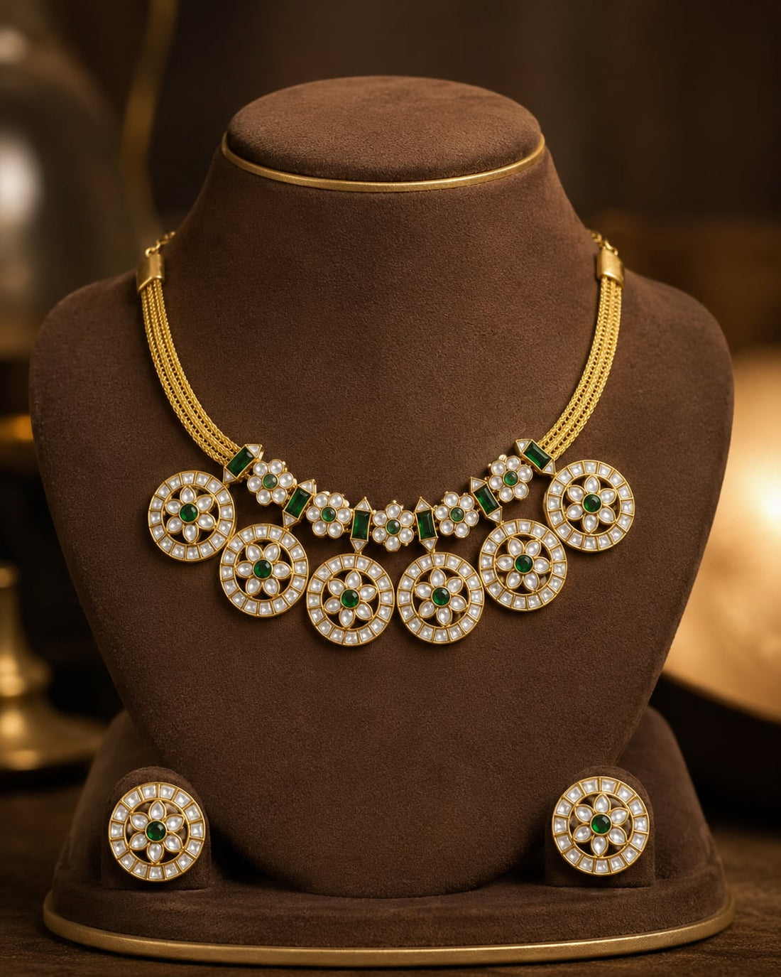 FeelOri round motif jadau kundan necklace set with matching earrings for pattu saree styling