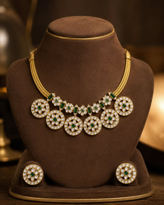 FeelOri round motif jadau kundan necklace set with matching earrings for pattu saree styling