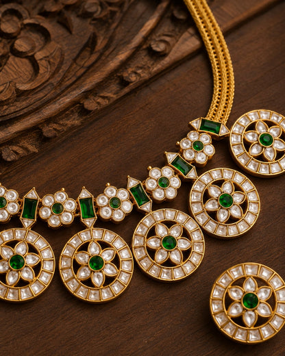 FeelOri round motif jadau kundan necklace set with matching earrings styled with saree fabric