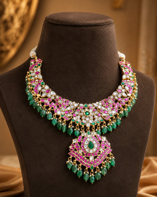 FeelOri round pendant jadau kundan necklace for pattu saree styling