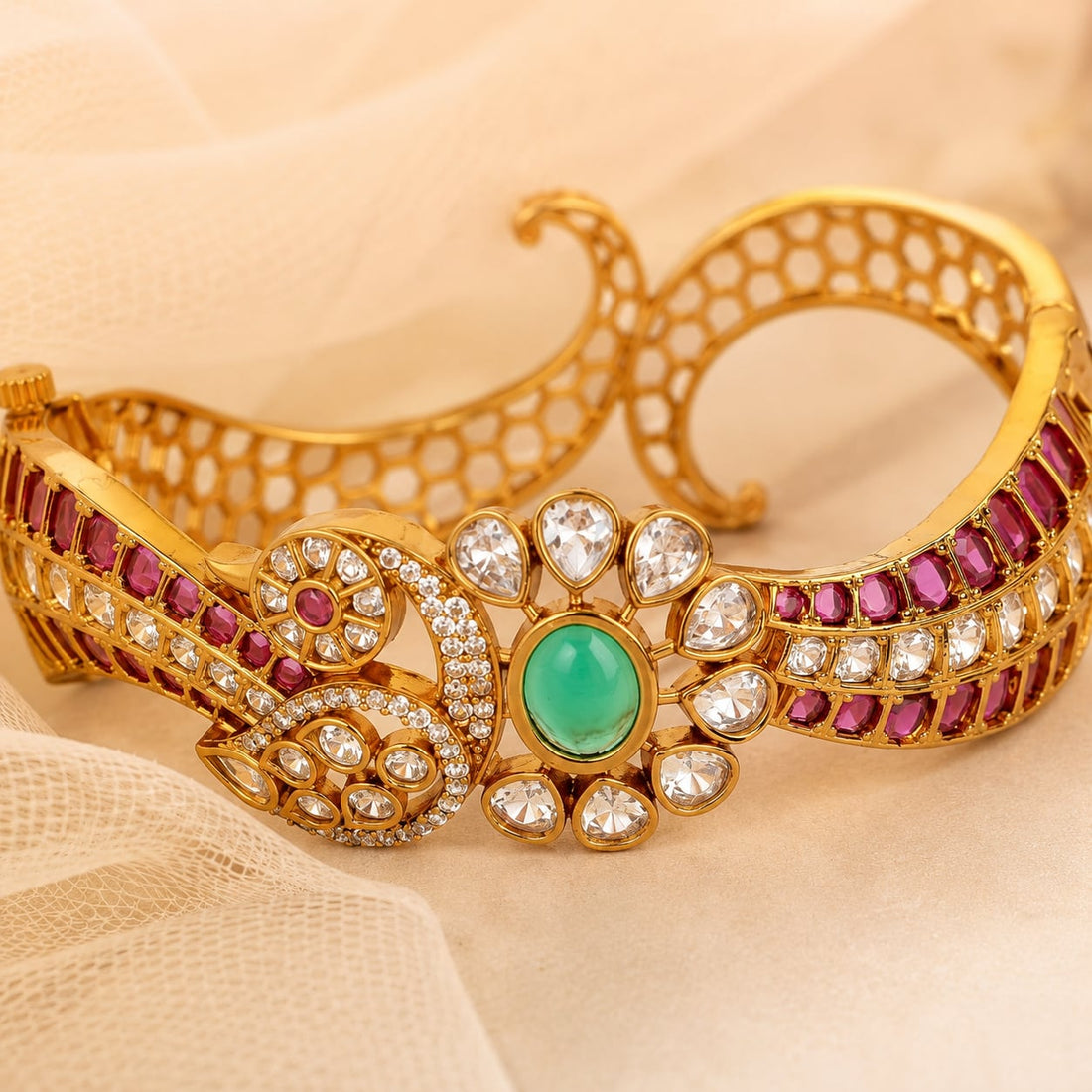 FeelOri ruby-tone and emerald-tone bangles bangle finish and decorative detail