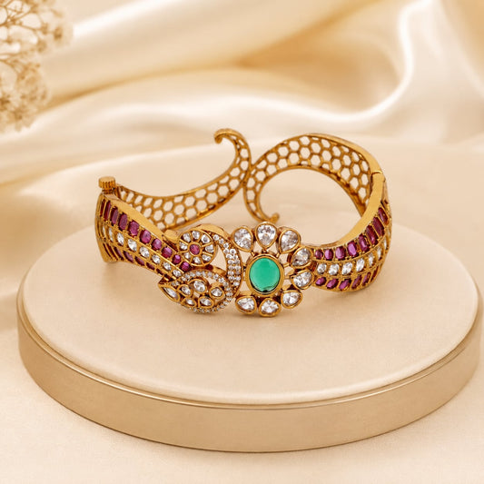 FeelOri Ruby Emerald CZ Floral Openable Kada Bangle, front view