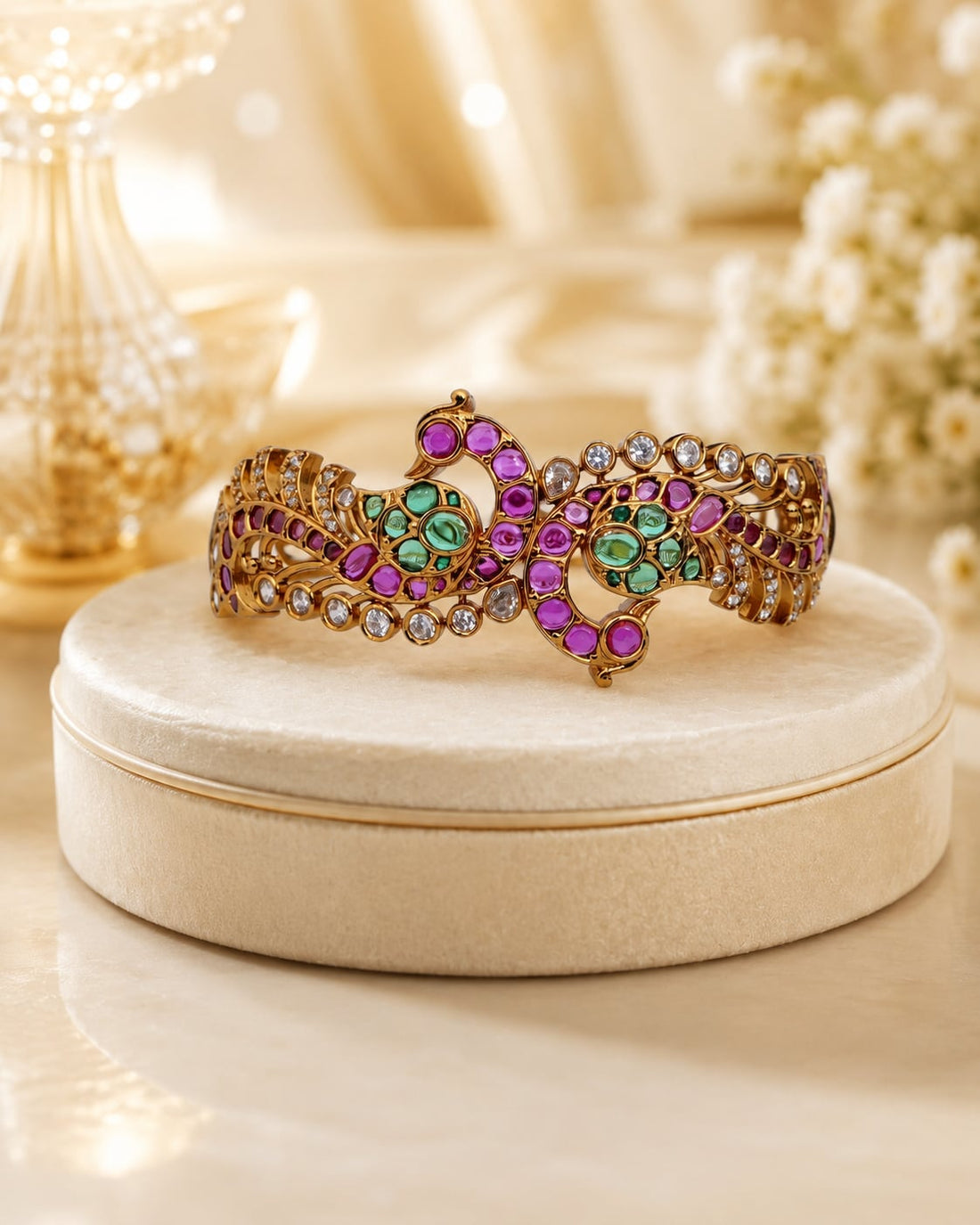 FeelOri ruby-tone and emerald-tone bangles on jewellery display