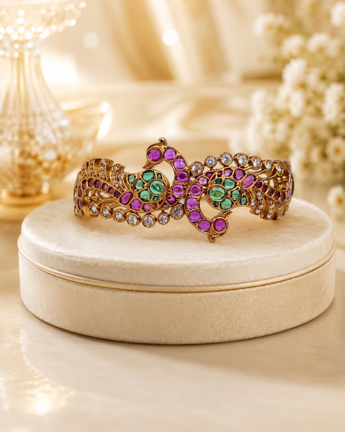 FeelOri ruby-tone and emerald-tone bangles on jewellery display