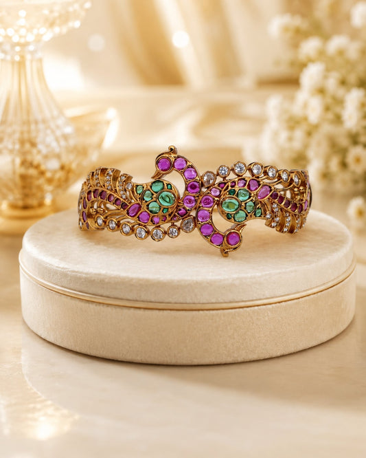 FeelOri Ruby Emerald CZ Peacock Openable Kada Bangle, front view