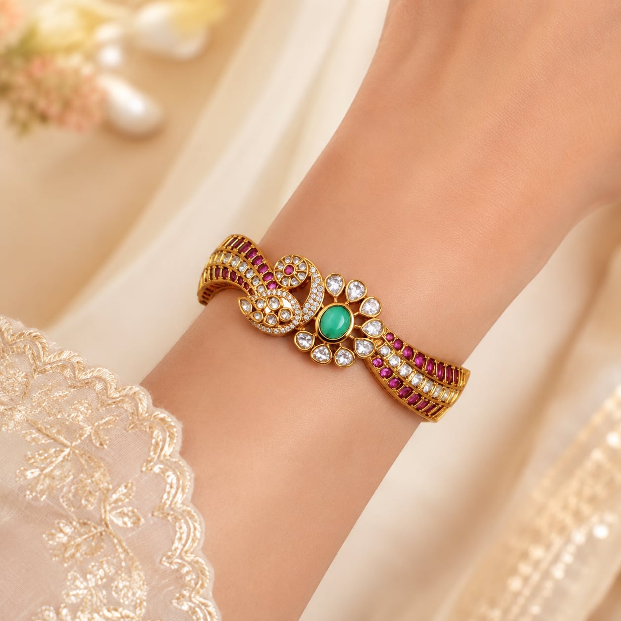 FeelOri ruby-tone and emerald-tone bangles styled with Indian occasion wear