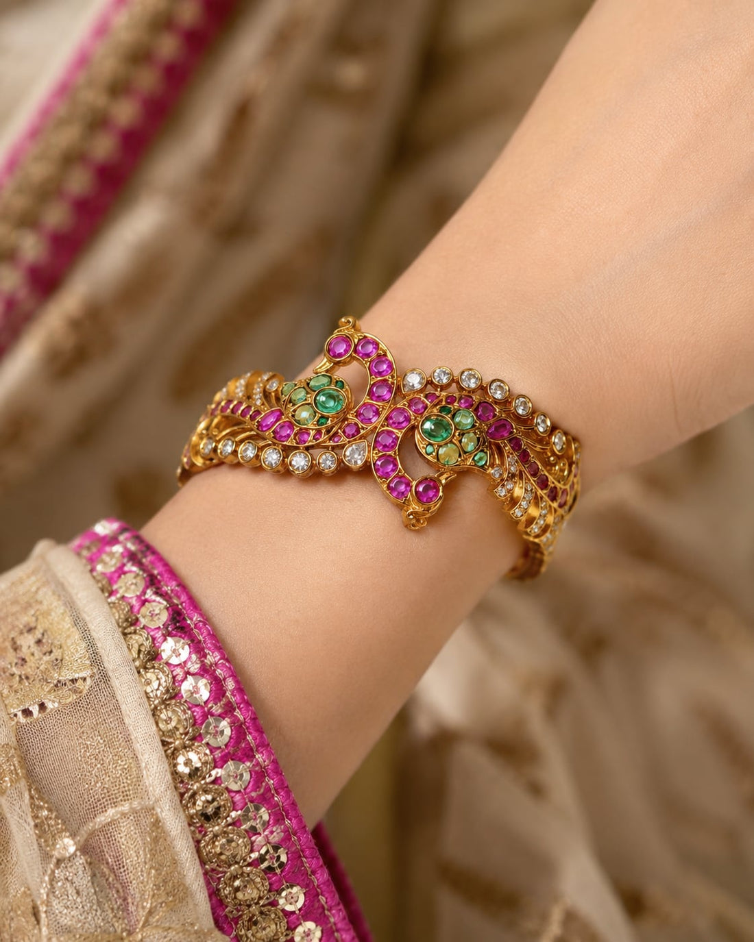 FeelOri ruby-tone and emerald-tone bangles styled with Indian occasion wear