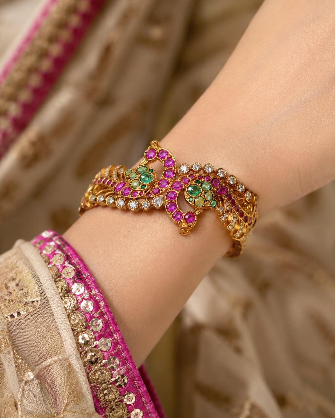 FeelOri ruby-tone and emerald-tone bangles styled with Indian occasion wear