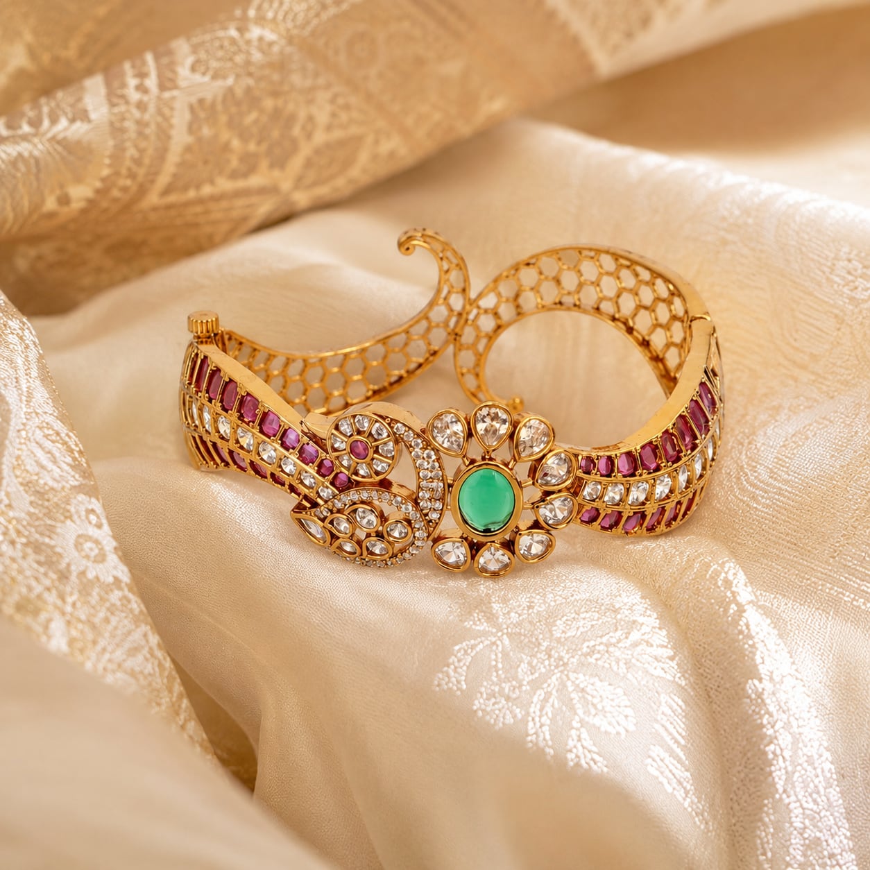FeelOri ruby-tone and emerald-tone bangles styled with saree fabric for Indian occasion wear