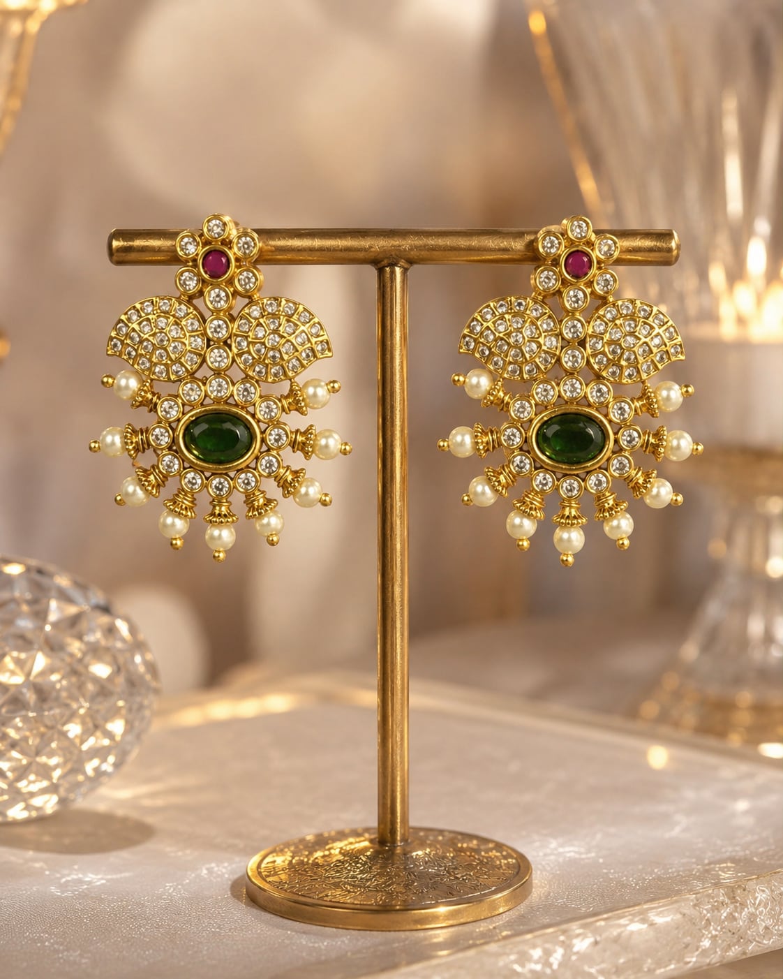 FeelOri ruby and emerald earrings on jewellery display