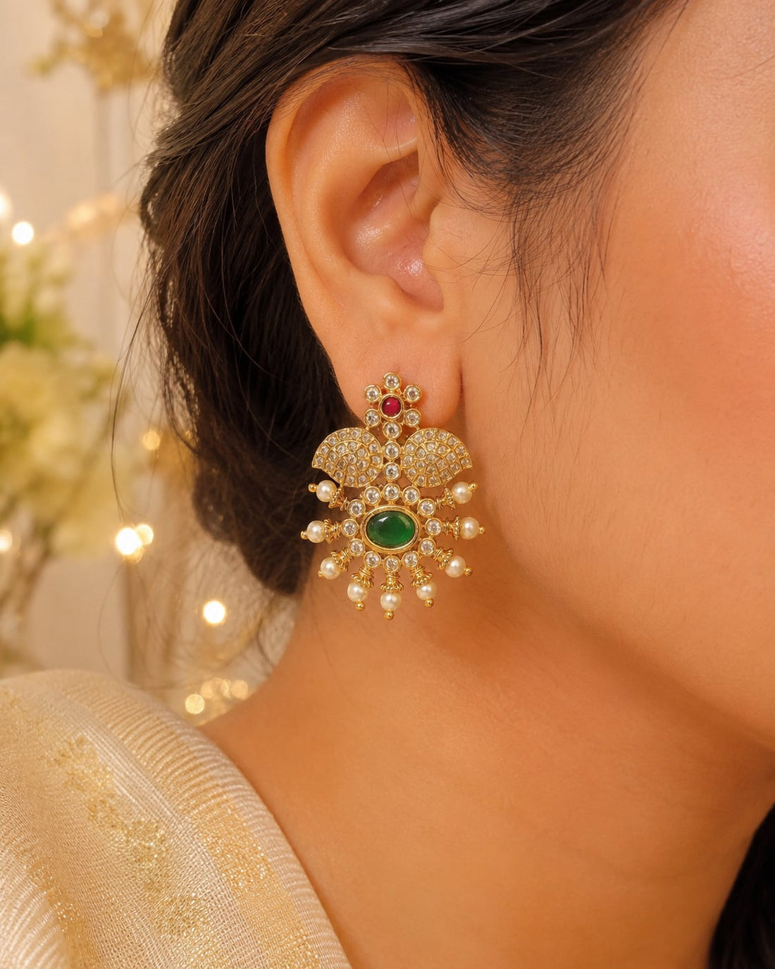 FeelOri ruby and emerald earrings styled with Indian occasion wear