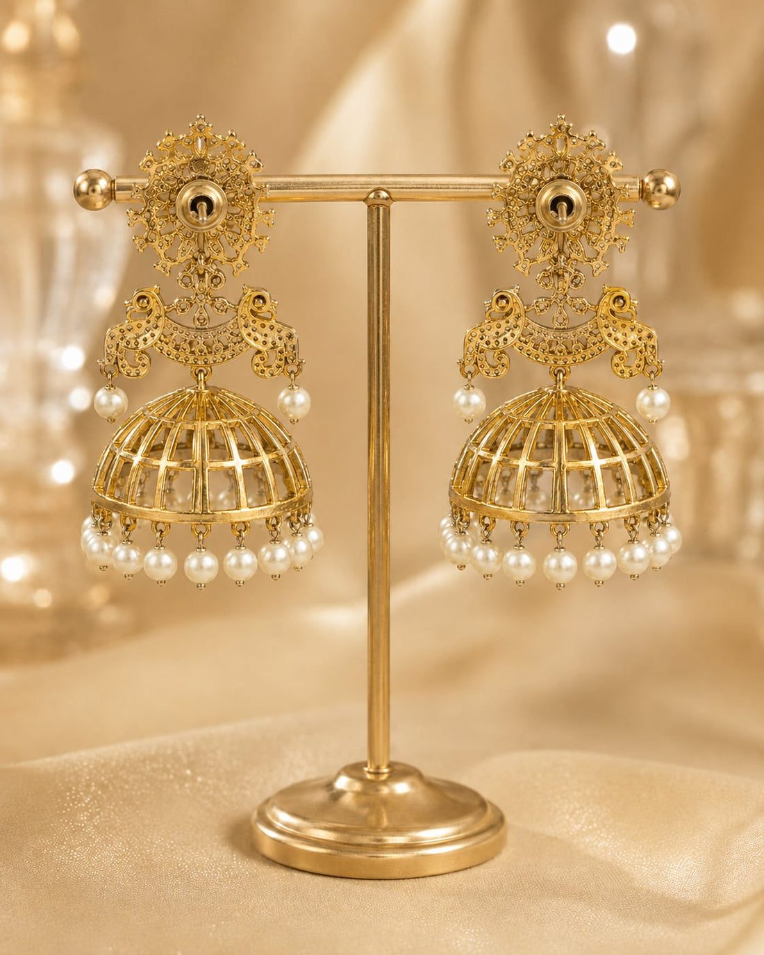 FeelOri ruby and emerald jhumka earrings rear view showing openwork reverse, straight posts, and push-back closures