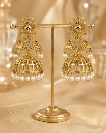 FeelOri ruby and emerald jhumka earrings rear view showing openwork reverse, straight posts, and push-back closures