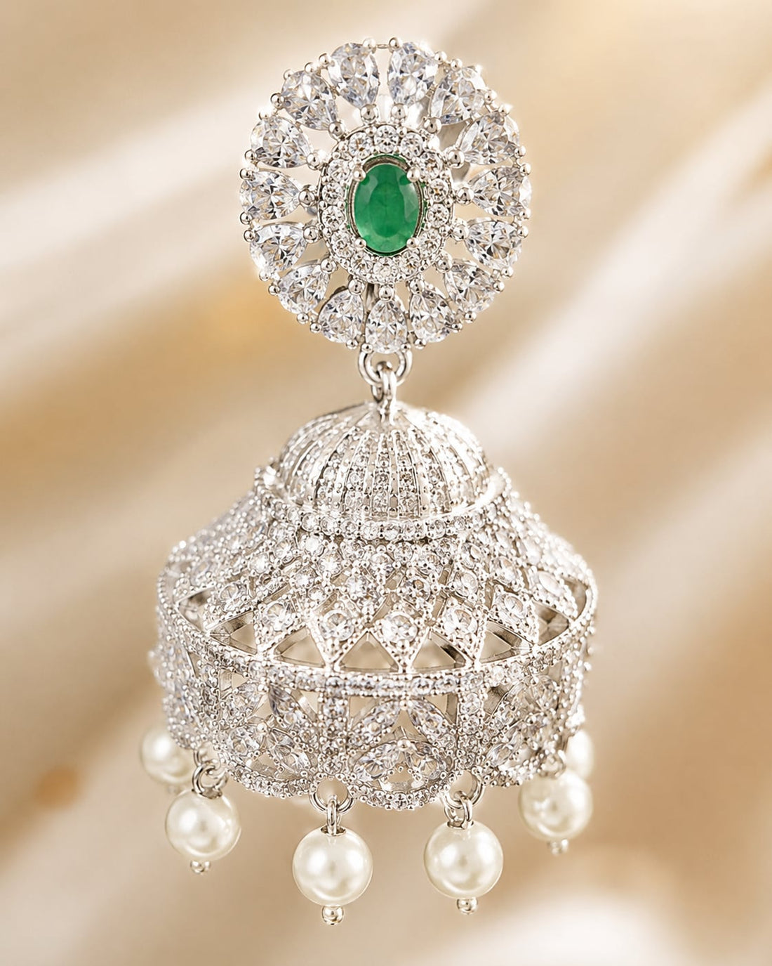 FeelOri Emerald Green Floral Silver Rhodium CZ Jhumka Earrings - silk styling view