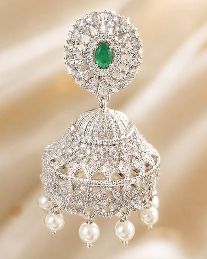 FeelOri Emerald Green Floral Silver Rhodium CZ Jhumka Earrings - silk styling view