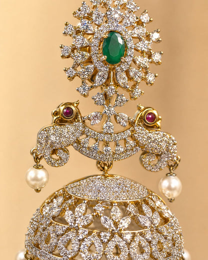 FeelOri ruby and emerald jhumka earrings stone setting, ear-chain or earring construction, and gold-polished finish detail