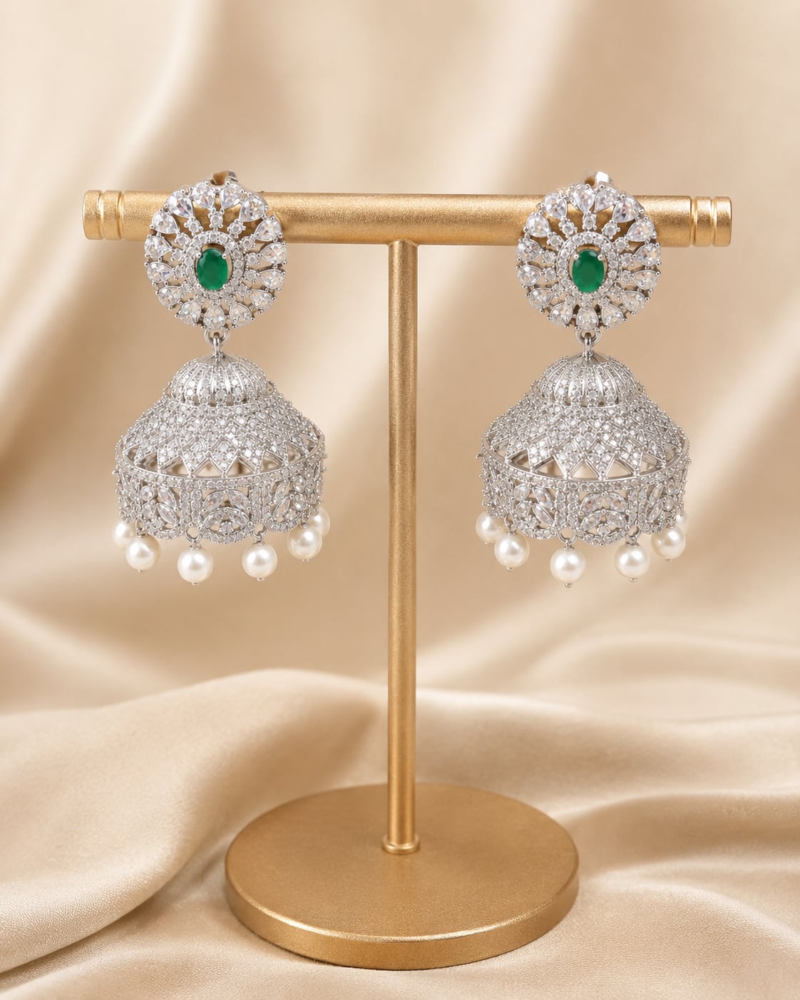 FeelOri Emerald Green Floral Silver Rhodium CZ Jhumka Earrings - construction detail