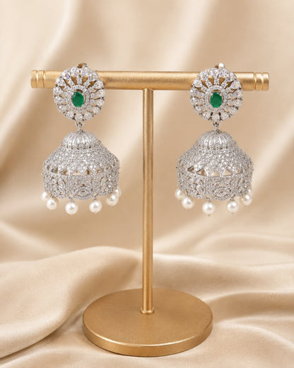 FeelOri Emerald Green Floral Silver Rhodium CZ Jhumka Earrings - construction detail