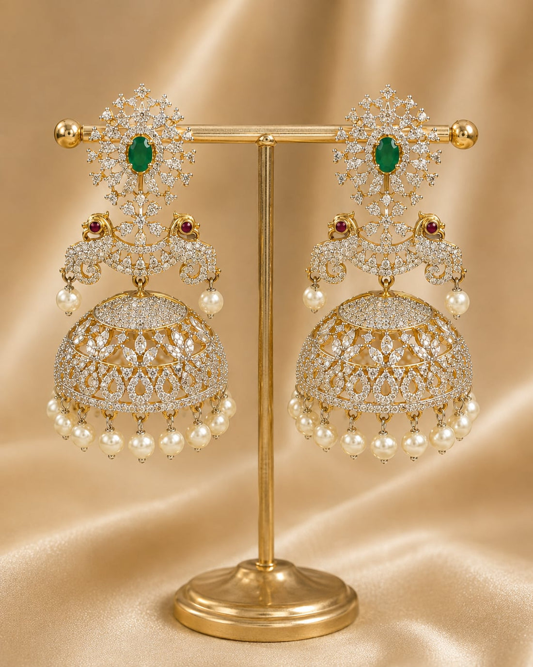 FeelOri ruby and emerald jhumka earrings for sarees, kurtas, and festive styling