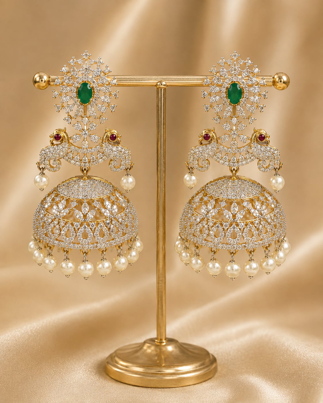 FeelOri ruby and emerald jhumka earrings for sarees, kurtas, and festive styling