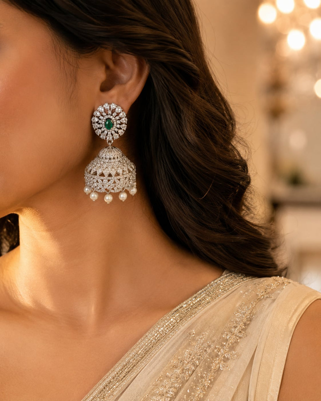 FeelOri Emerald Green Floral Silver Rhodium CZ Jhumka Earrings - display view