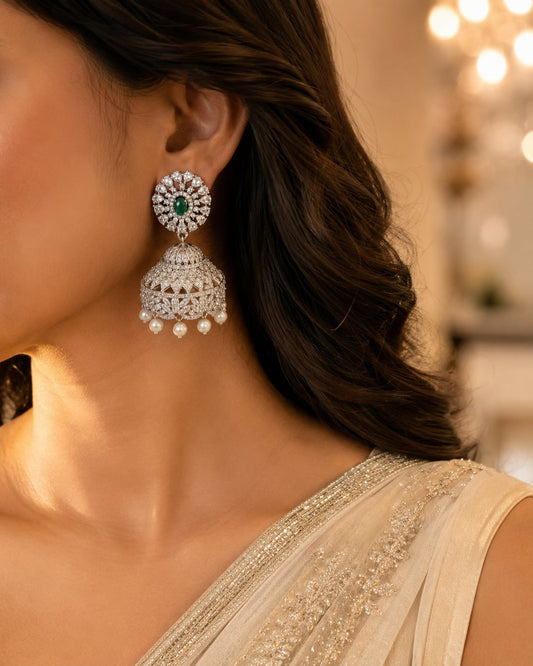 FeelOri Emerald Green Floral Silver Rhodium CZ Jhumka Earrings - display view