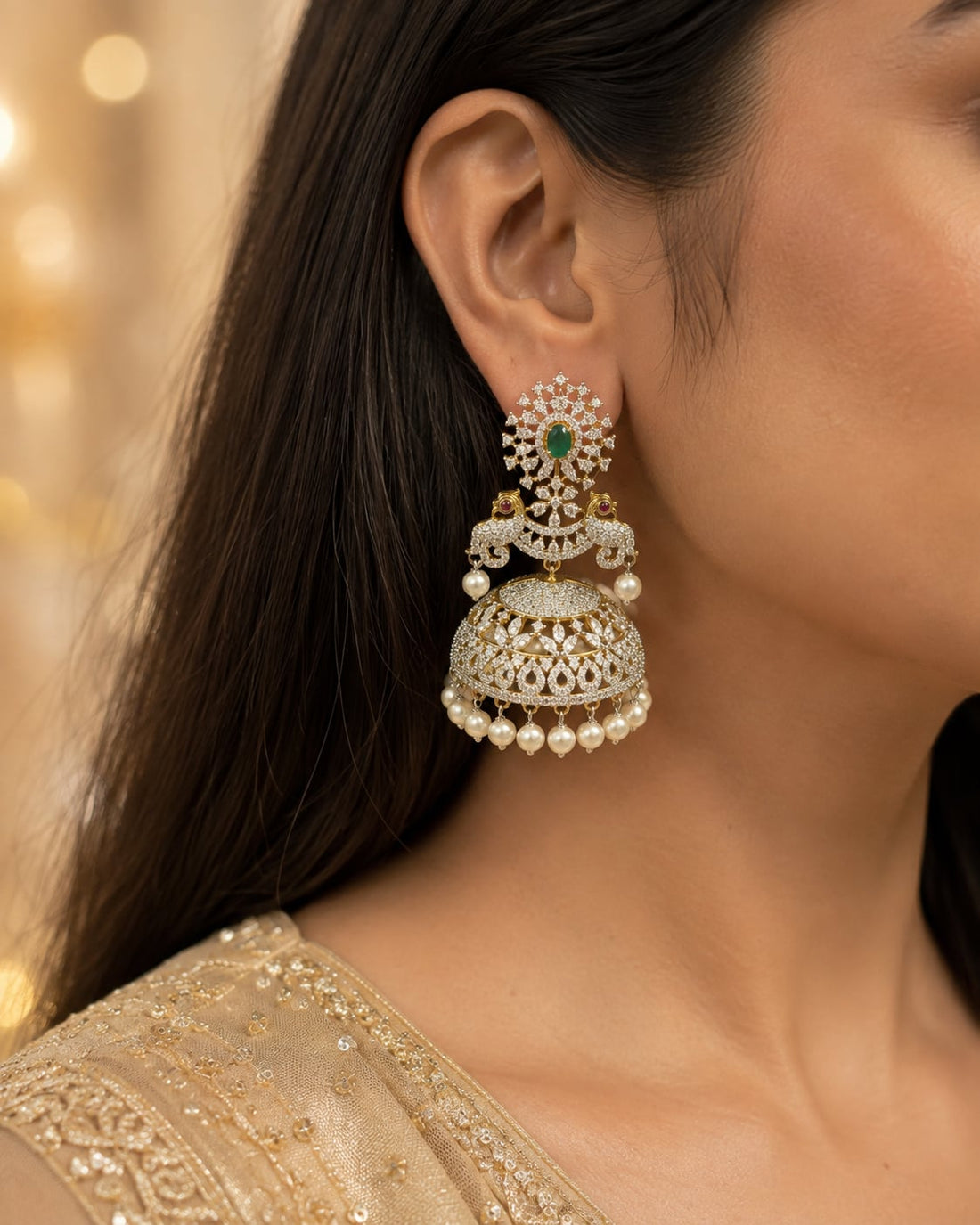 FeelOri ruby and emerald jhumka earrings styled with Indian occasion wear