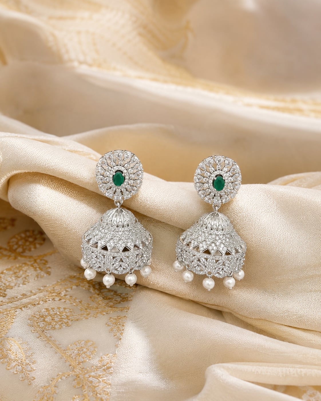 FeelOri Emerald Green Floral Silver Rhodium CZ Jhumka Earrings - model styling view