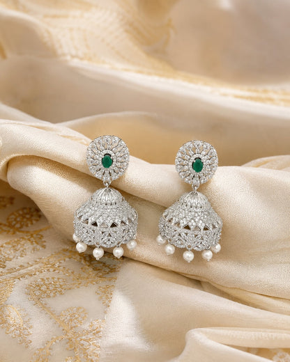 FeelOri Emerald Green Floral Silver Rhodium CZ Jhumka Earrings - model styling view