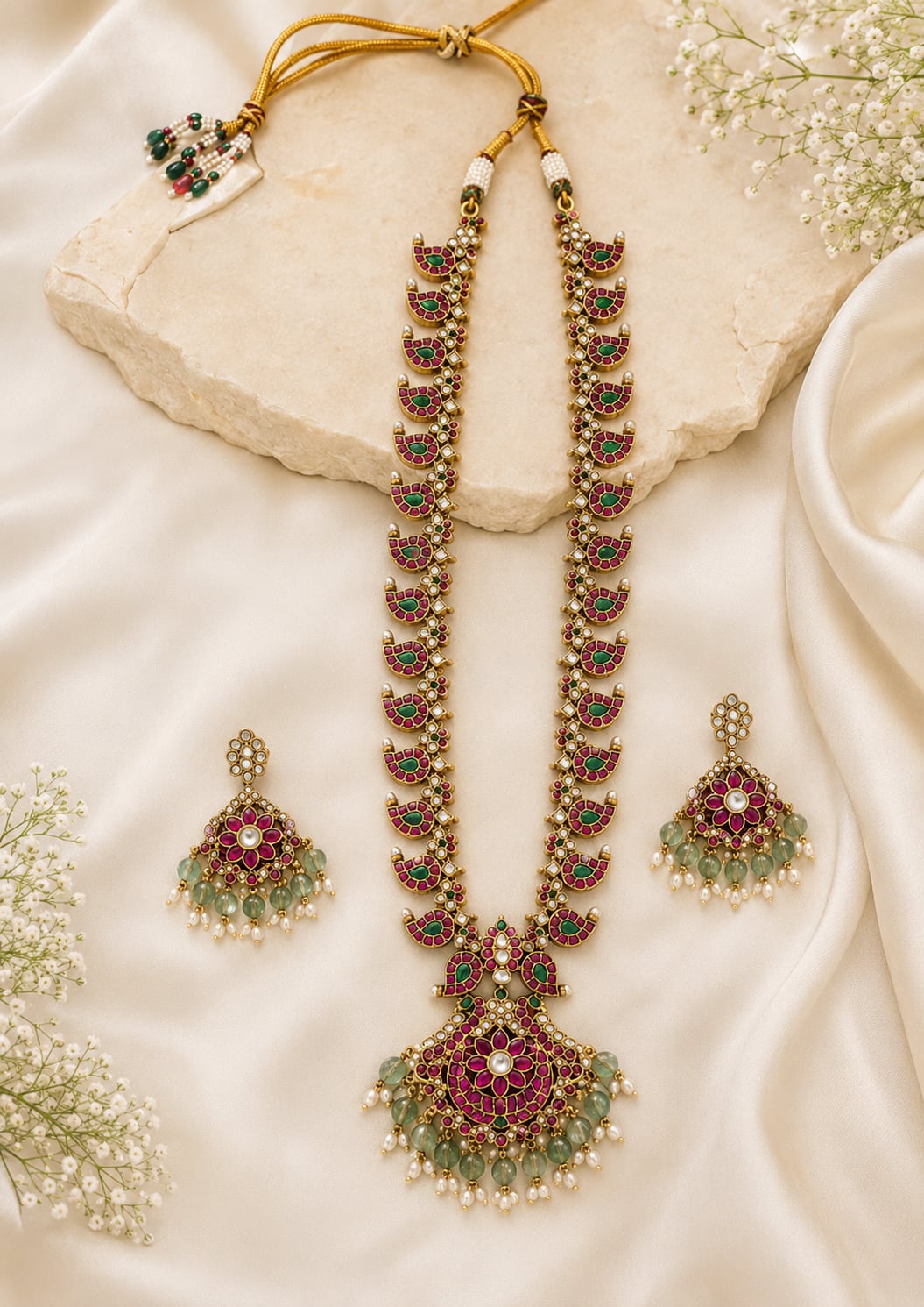 FeelOri ruby-tone and emerald-tone two-sided reversible long haram necklace set with matching earrings pendant and gold-polished detail
