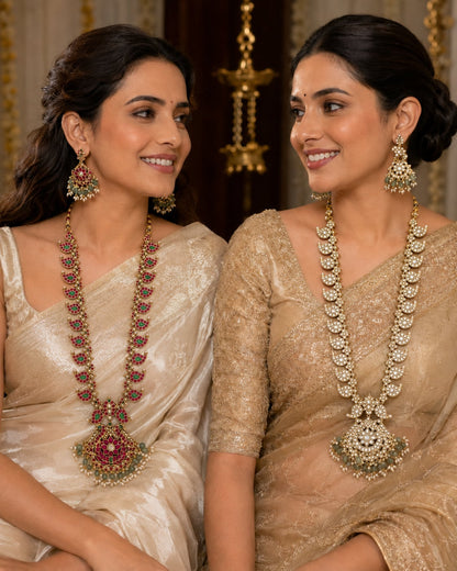 FeelOri ruby-tone and emerald-tone two-sided reversible long haram necklace set with matching earrings for sarees and festive styling