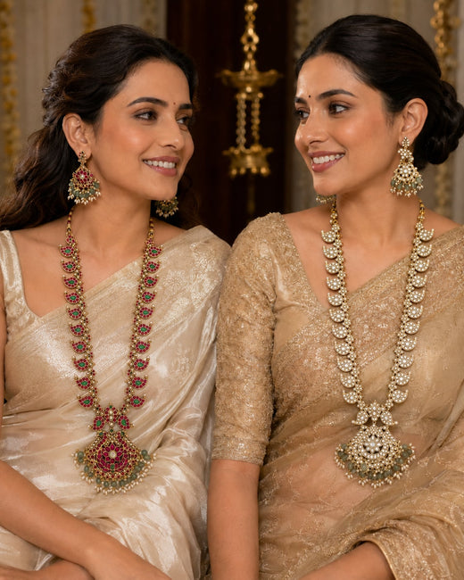 FeelOri ruby-tone and emerald-tone two-sided reversible long haram necklace set with matching earrings for sarees and festive styling